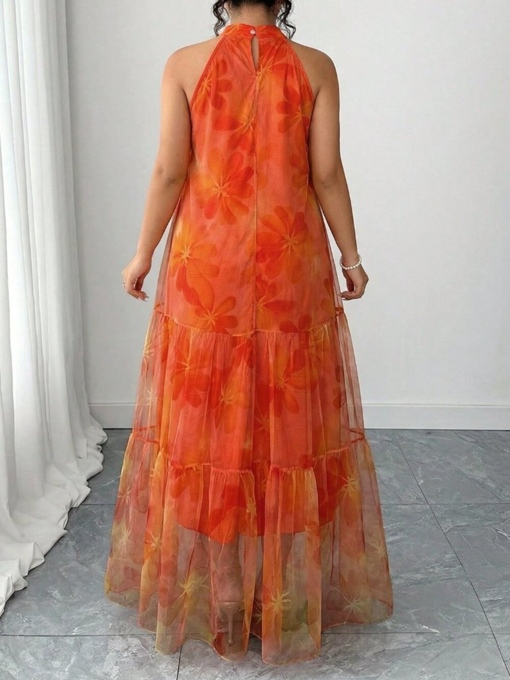 Orange Casual Women's Plus Size Sleeveless Double-Layer Floral Chiffon Dress - Picture 2 of 5